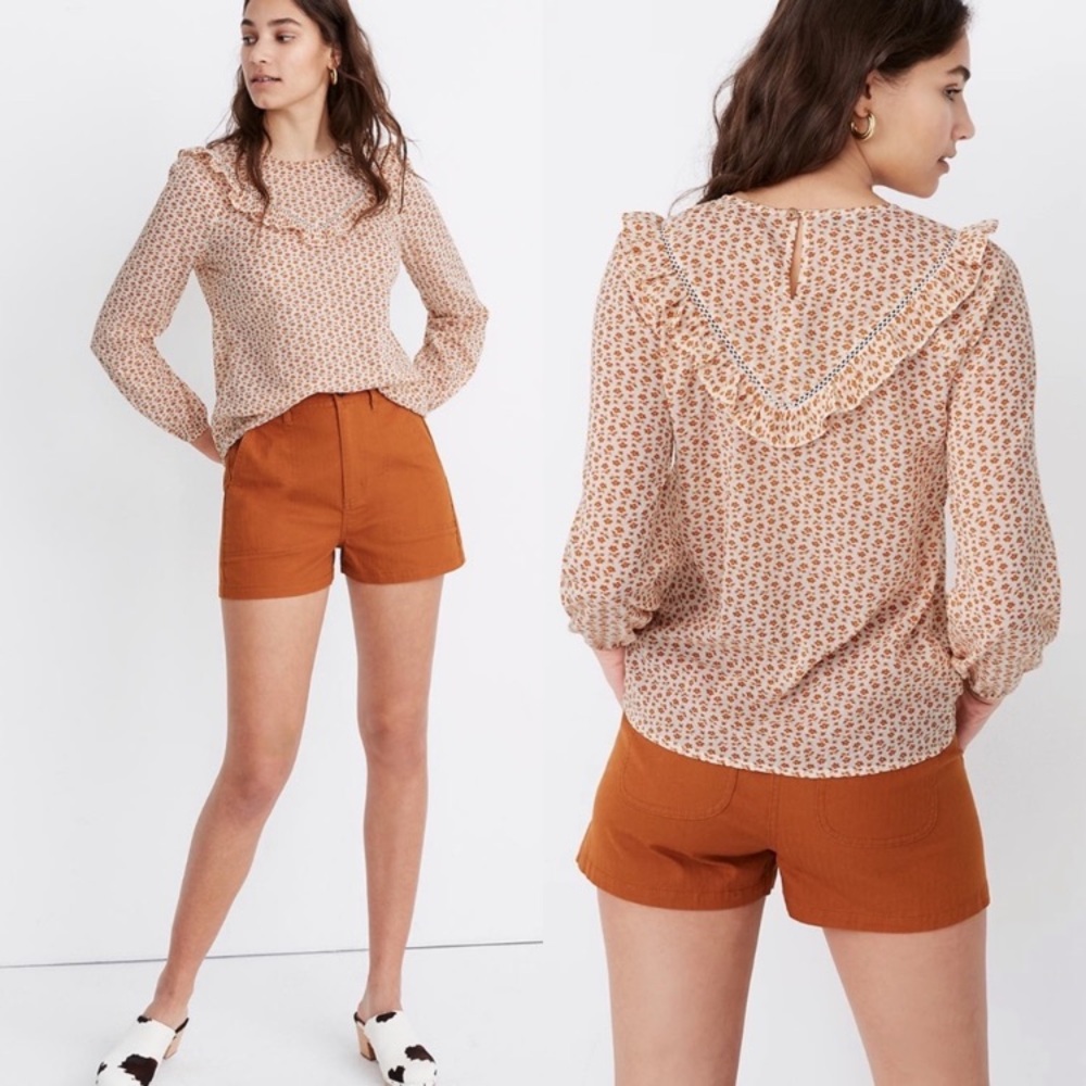 🎁Like New Madewell White/Orange Floral L/S Blouse- XXS